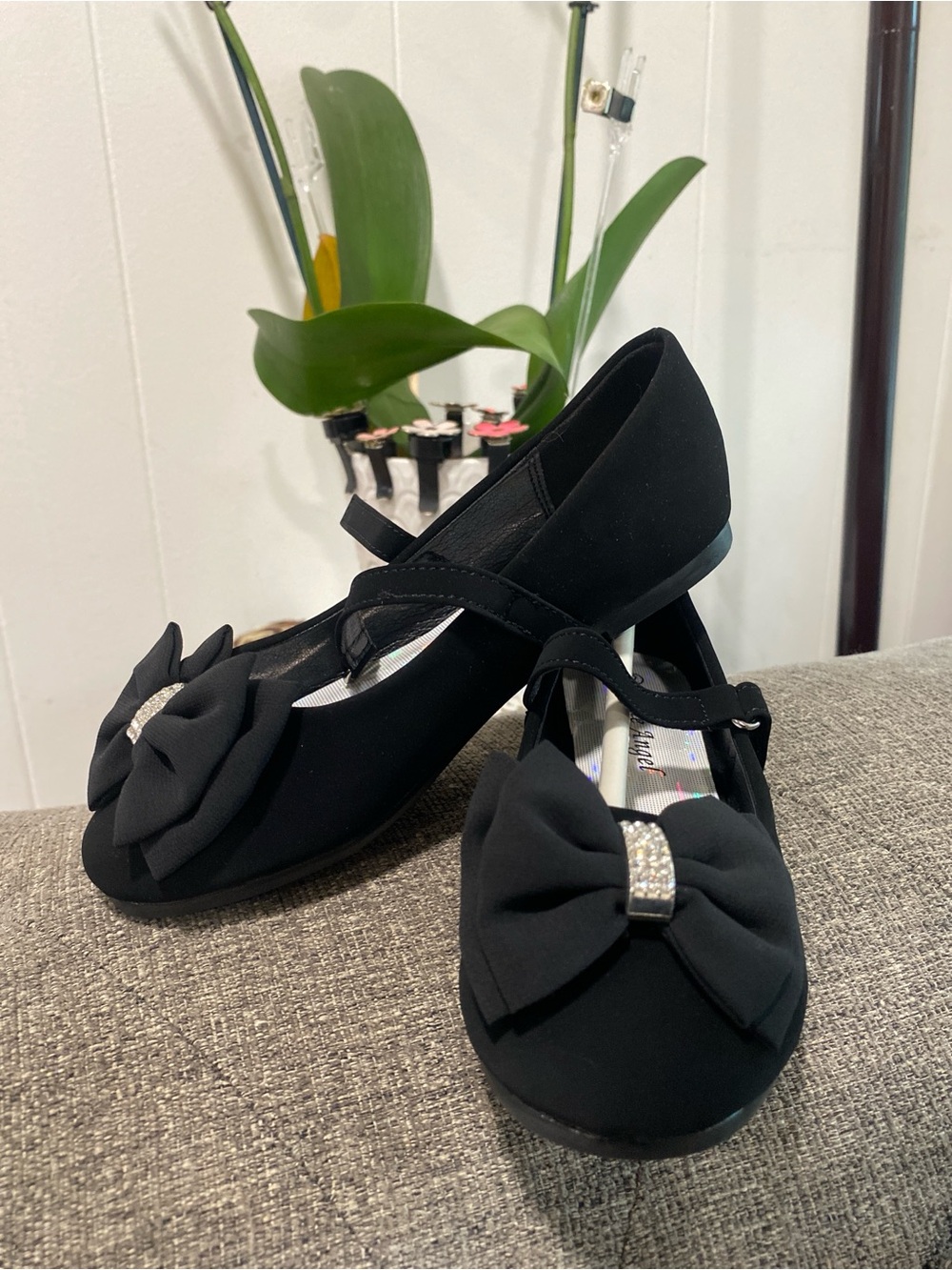 Little Angel Black Flats with Bow and Rhinestone